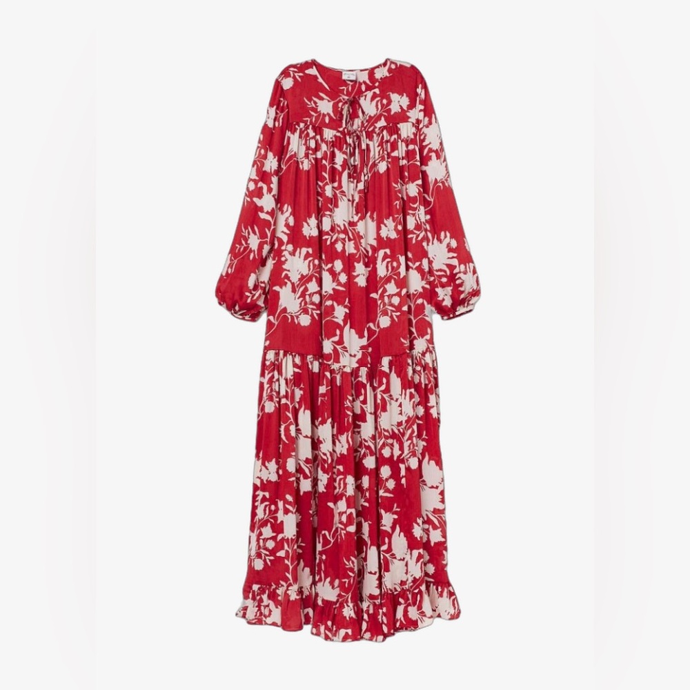 H&M x Johanna Ortiz Red and White Floral Long Sleeve Dress
